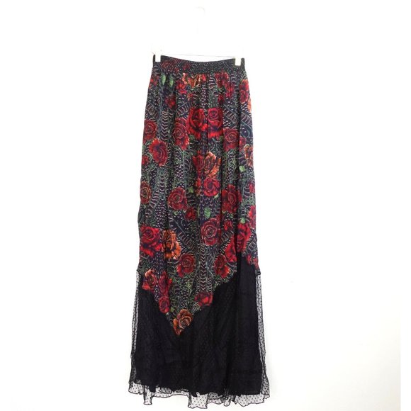 Just Cavalli Skirt Small Black Maxi Floral Lace Stretch Red Rose Sheer 40 NWT